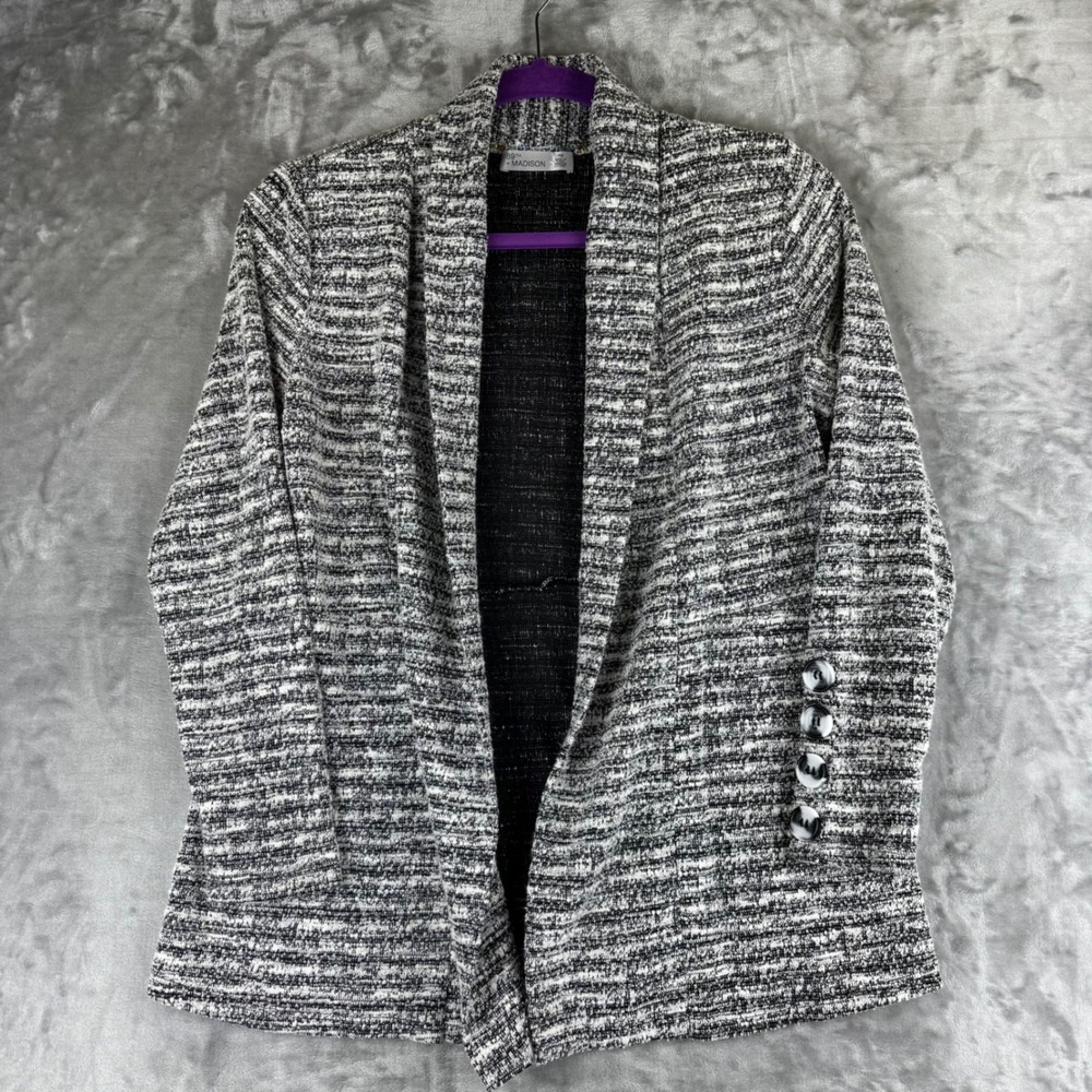 89th +‎ Madison Open Blazer Cardigan Women PM Black White Textured Knit (1493)